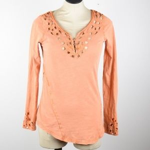 Free People Burnout Orange Eyelet Long Sleeve Top
